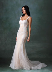 Azazie Veronica Diamond White Champagne Mermaid Tulle Dress diamond_white/champagne