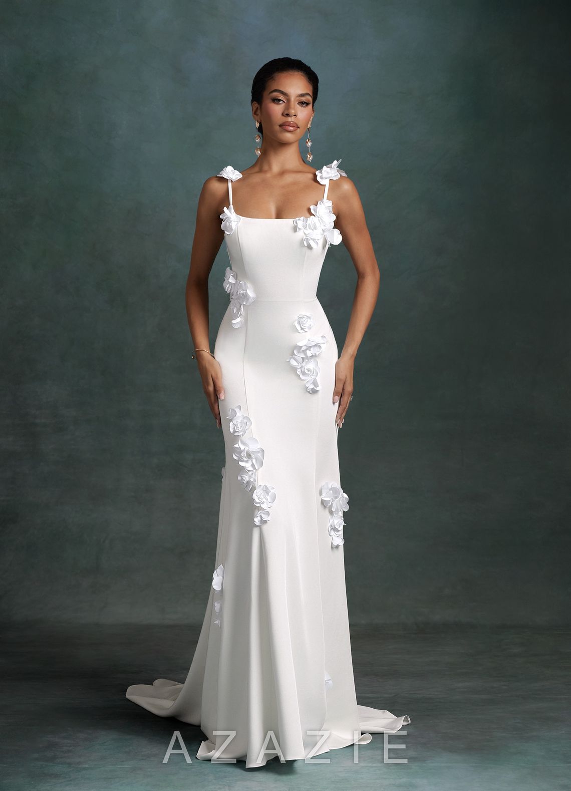 Azazie Jaslyn Diamond White Mermaid Square Neckline Crepe Back Satin Dress diamond_white