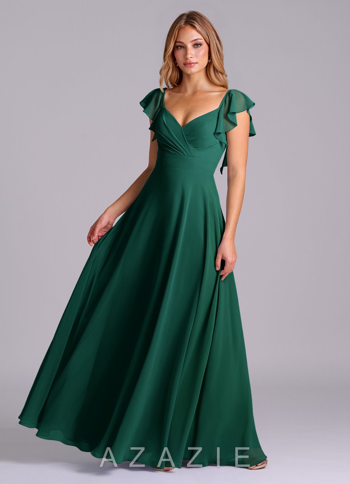 Azazie Leilani Emerald A-Line Pleated Chiffon Dress