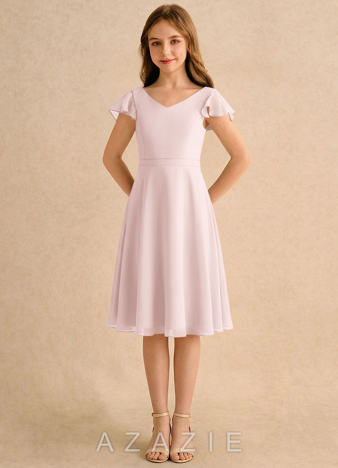 Azazie Narin Girls Formal Blushing Pink A-Line with Sleeves Chiffon Dress blushing_pink