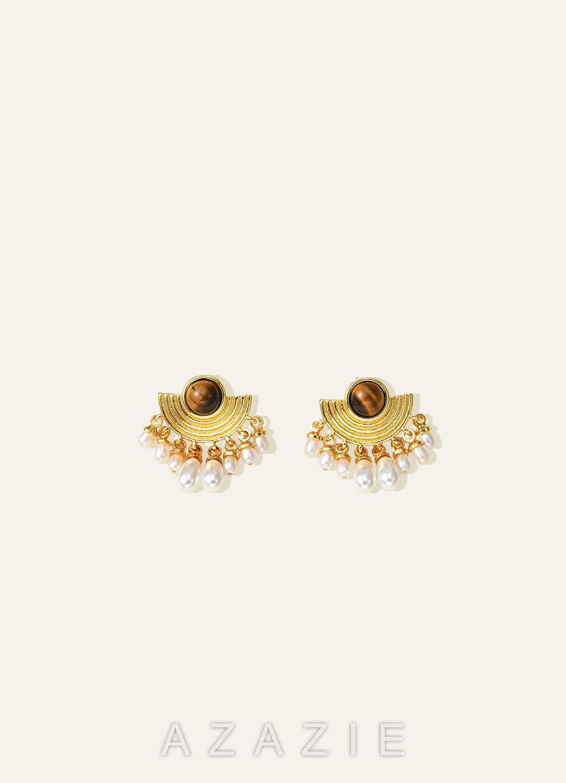 Tiger Eye & Freshwater Pearl Fan Drop Earrings  gold