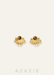 Tiger Eye & Freshwater Pearl Fan Drop Earrings  gold