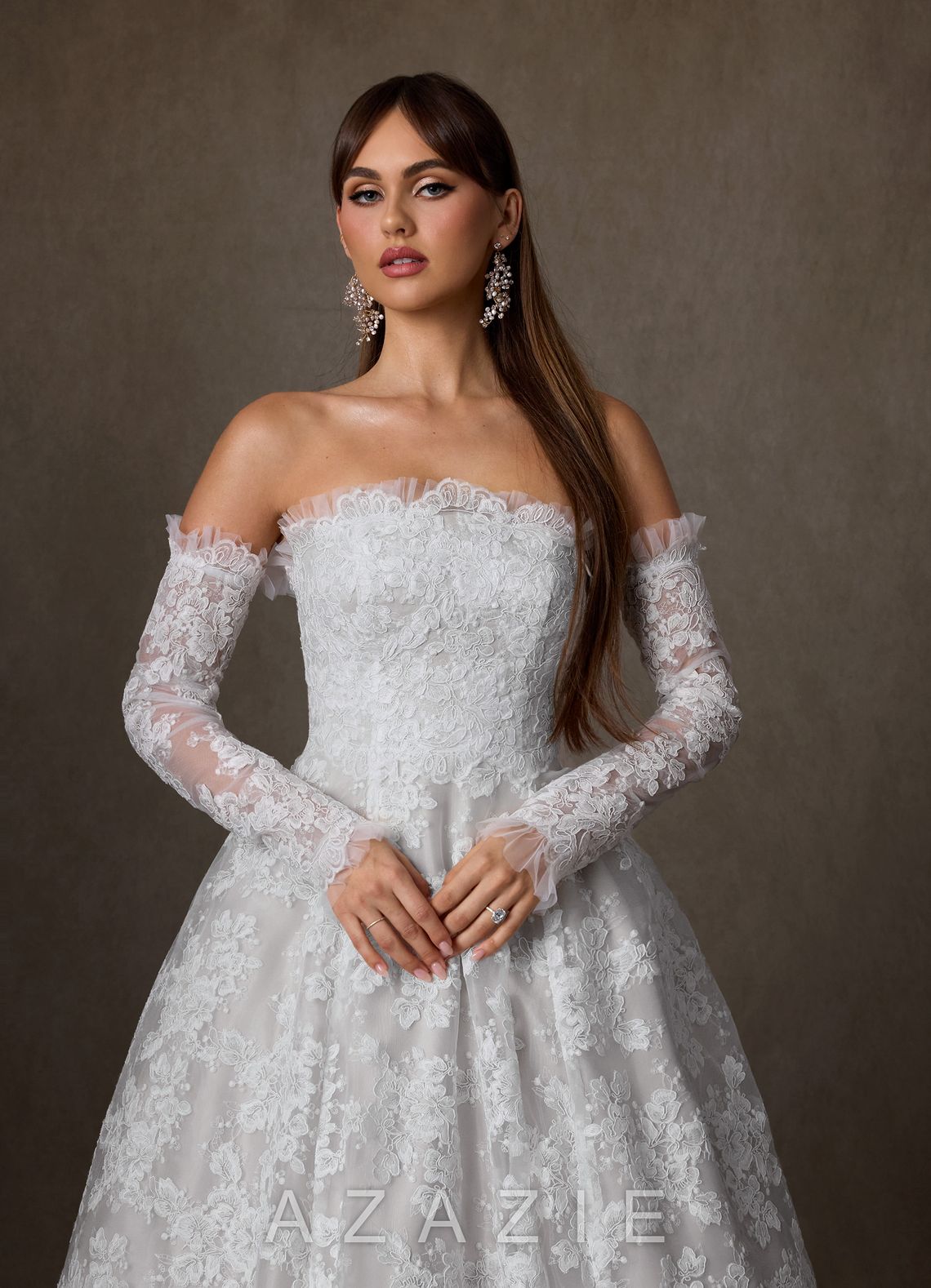 Azazie Hinata Diamond White Ball-Gown Strapless Lace Dress diamond_white