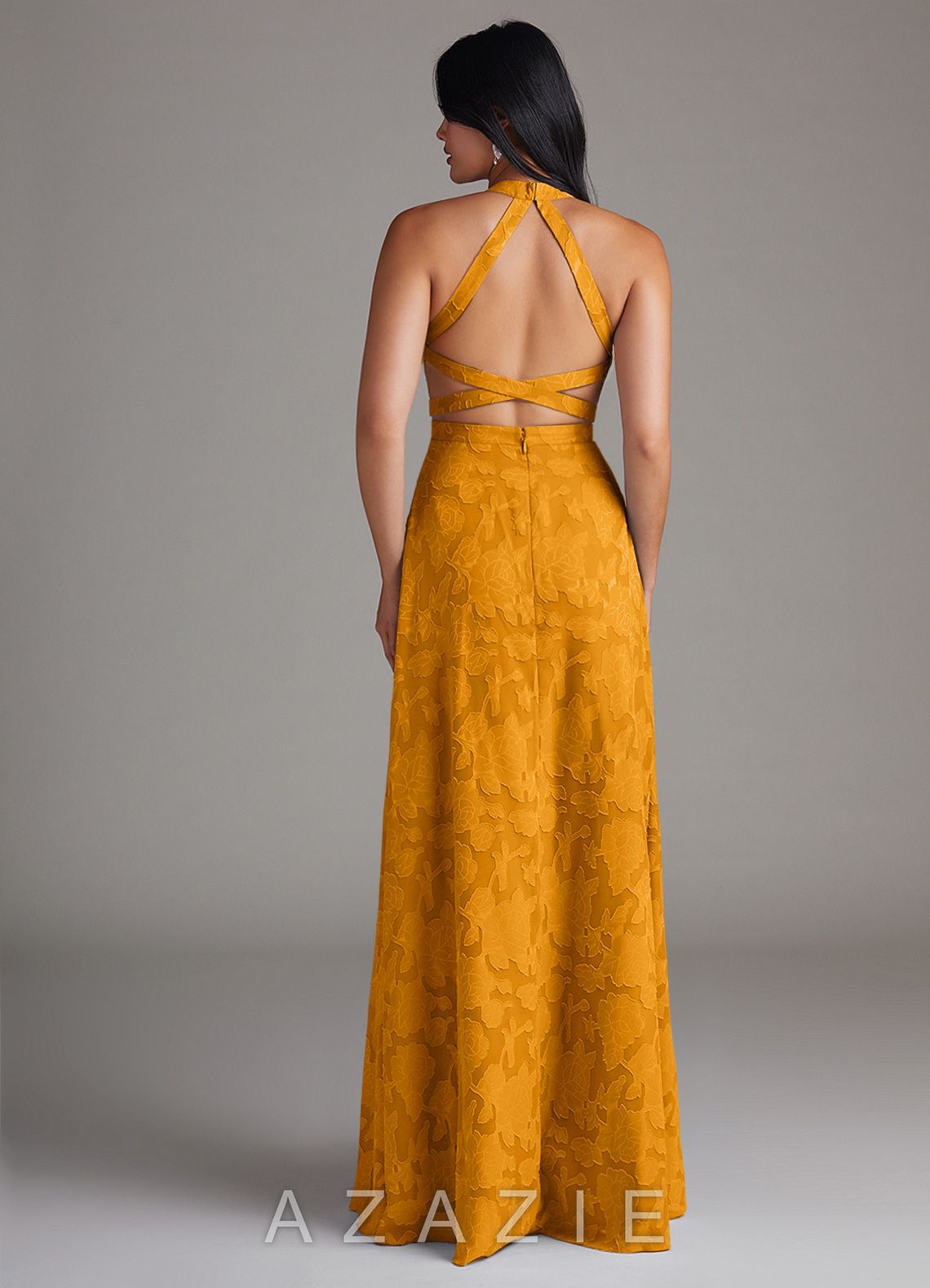 Azazie Clarice Butterscotch A-Line Side Slit Floral Burnout Dress butterscotch
