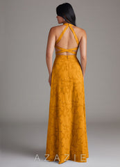 Azazie Clarice Butterscotch A-Line Side Slit Floral Burnout Dress butterscotch
