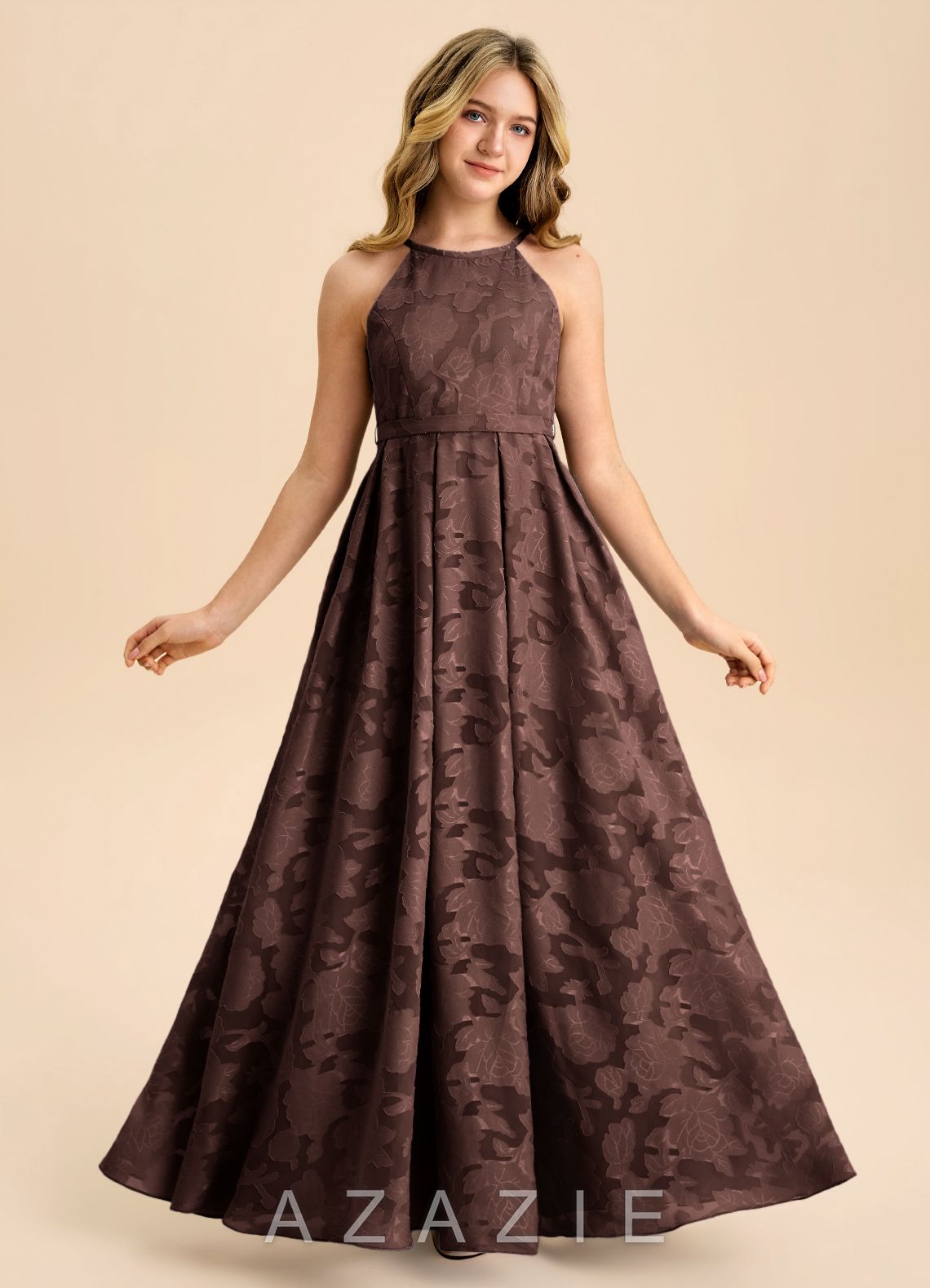 Azazie Arianthe Junior Ganache A-Line Pleated Floral Burnout Dress