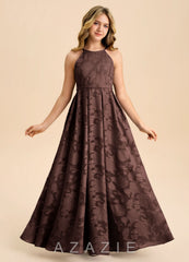 Azazie Arianthe Junior Ganache A-Line Pleated Floral Burnout Dress