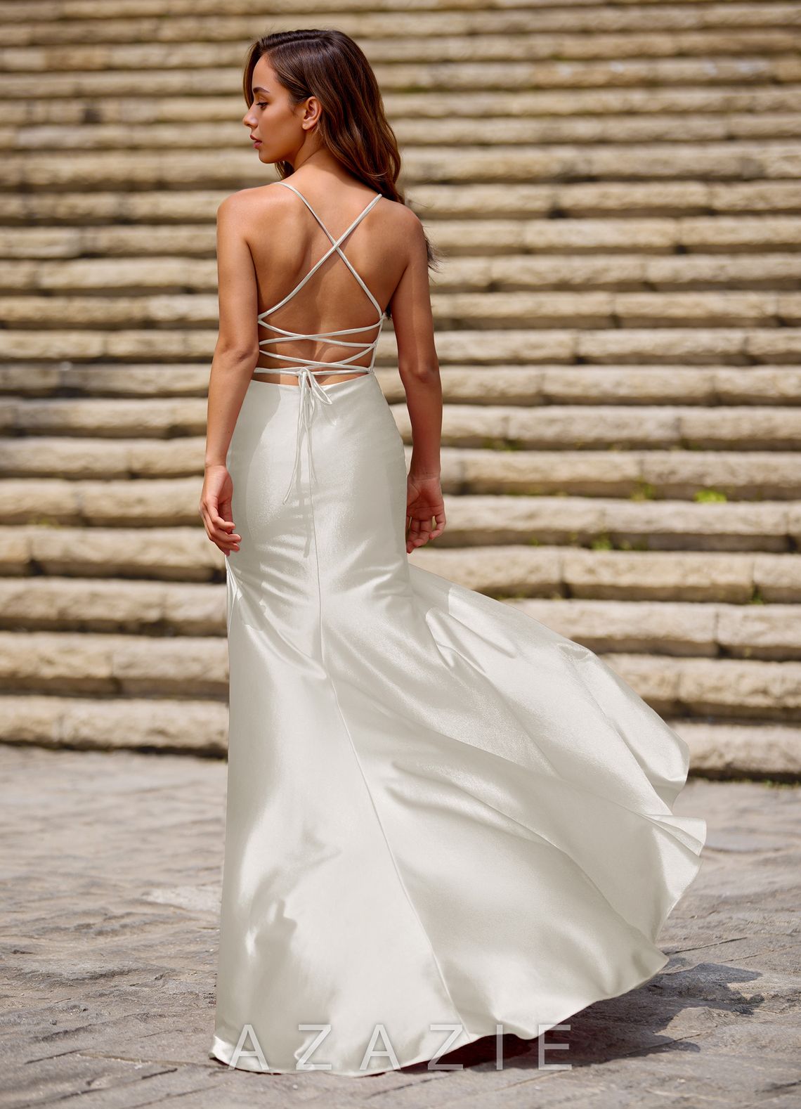 Luminous White Spaghetti Straps Stretch Satin Open Back Prom Dress