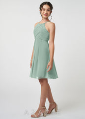 Azazie Ginny Junior Agave A-Line Pleated Chiffon Dress agave