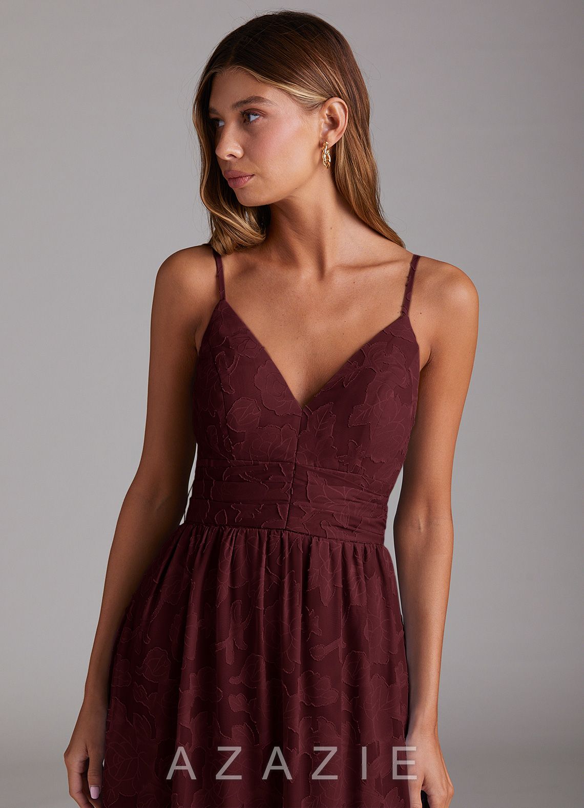 Azazie Nathalia Cabernet A-Line Bow Floral Burnout Dress cabernet