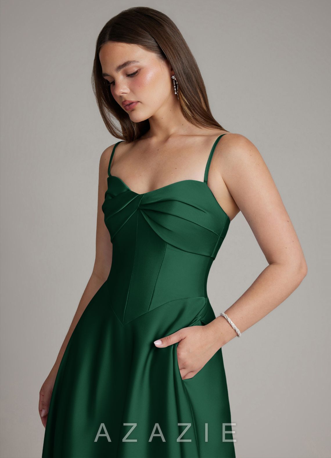 Azazie Meleena Dark Green A-Line Strapless Stretch Satin Dress dark_green
