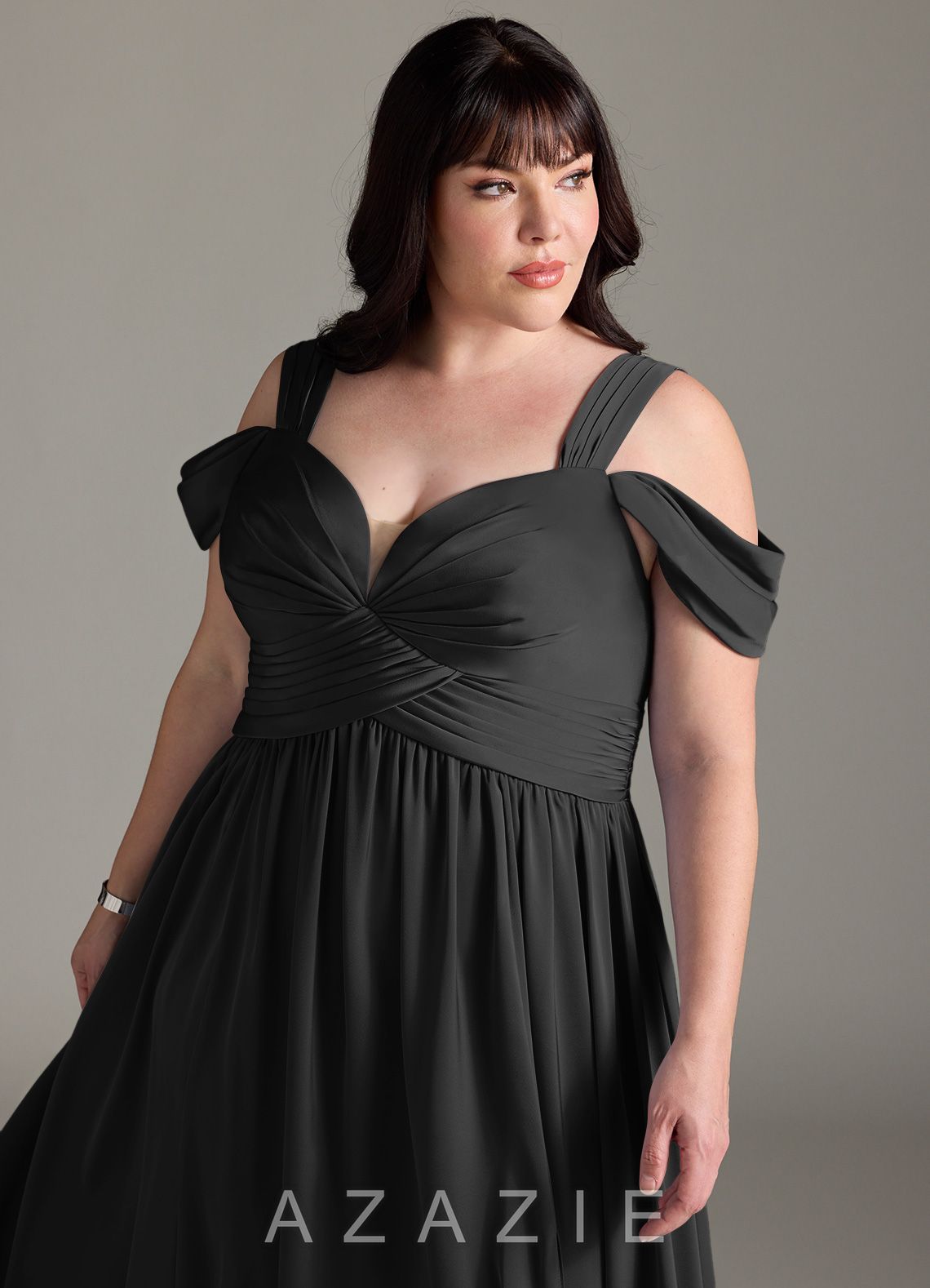 Azazie Lianne Black A-Line Off the Shoulder Stretch Satin Dress black
