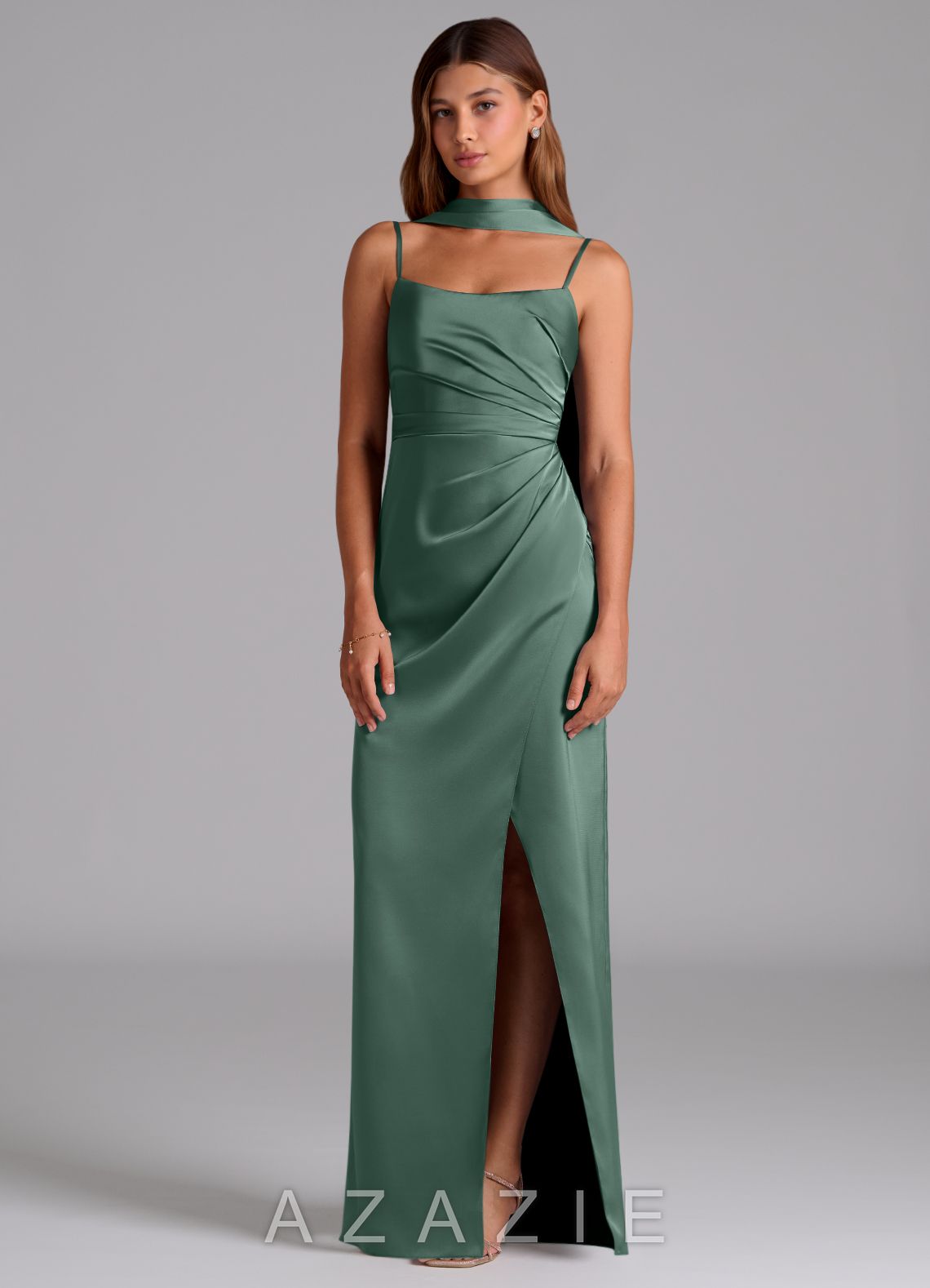 Azazie Calandra Eucalyptus Sheath Pleated Stretch Satin Dress eucalyptus