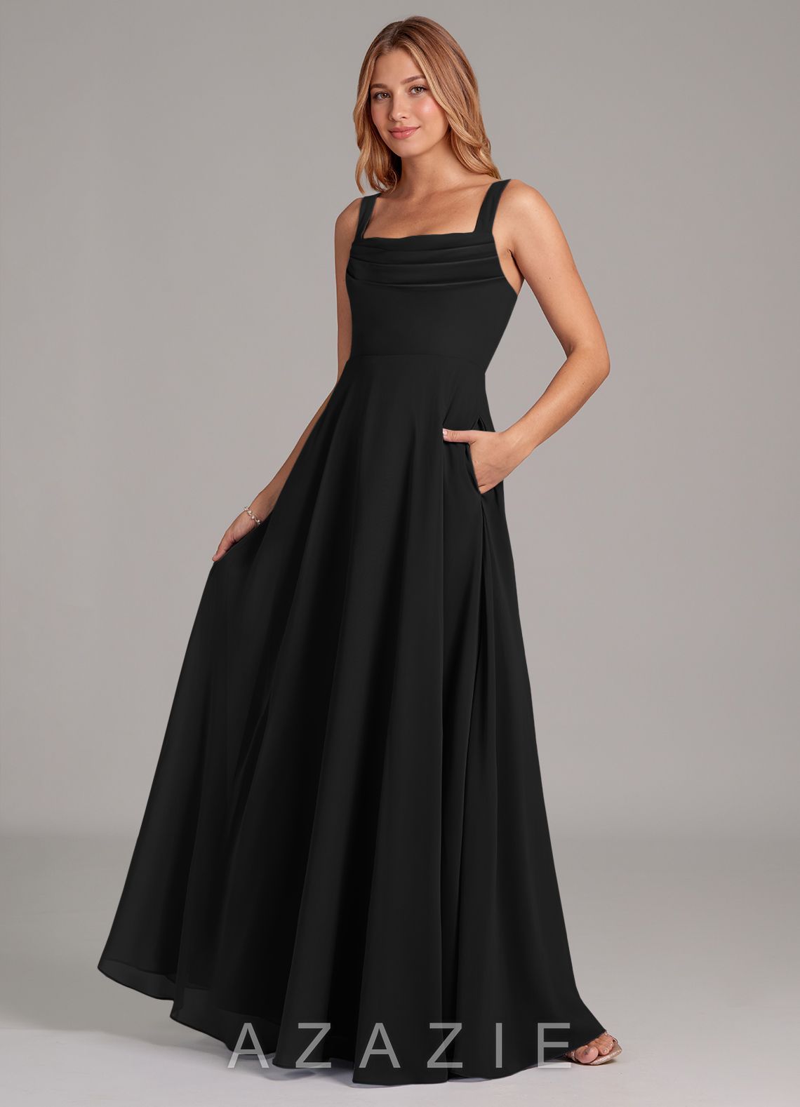 Azazie Shaude Black A-Line Pleated Chiffon Dress black