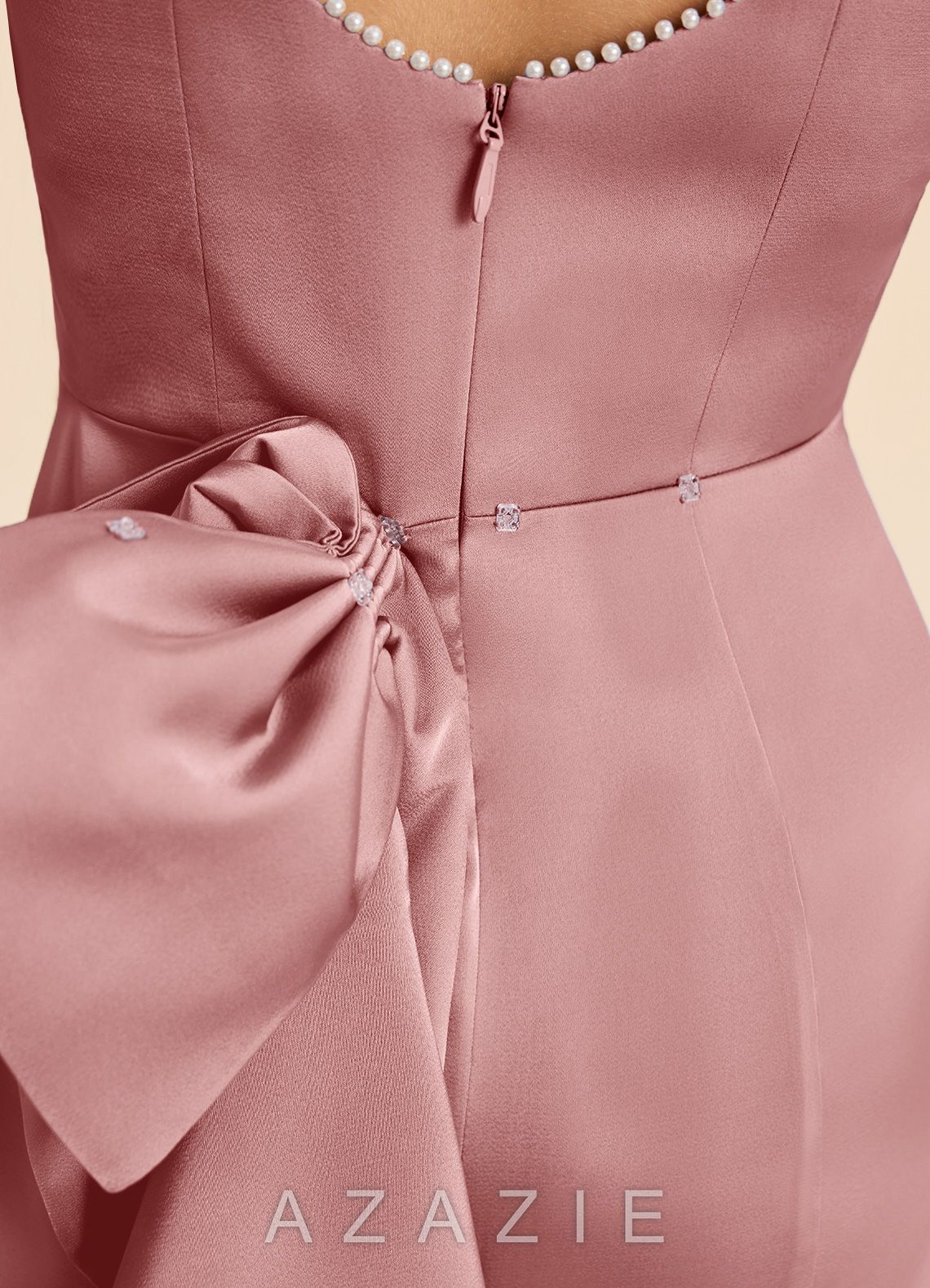 Azazie Emi Junior Dusty Rose Sheath Bow Stretch Satin Dress dusty_rose
