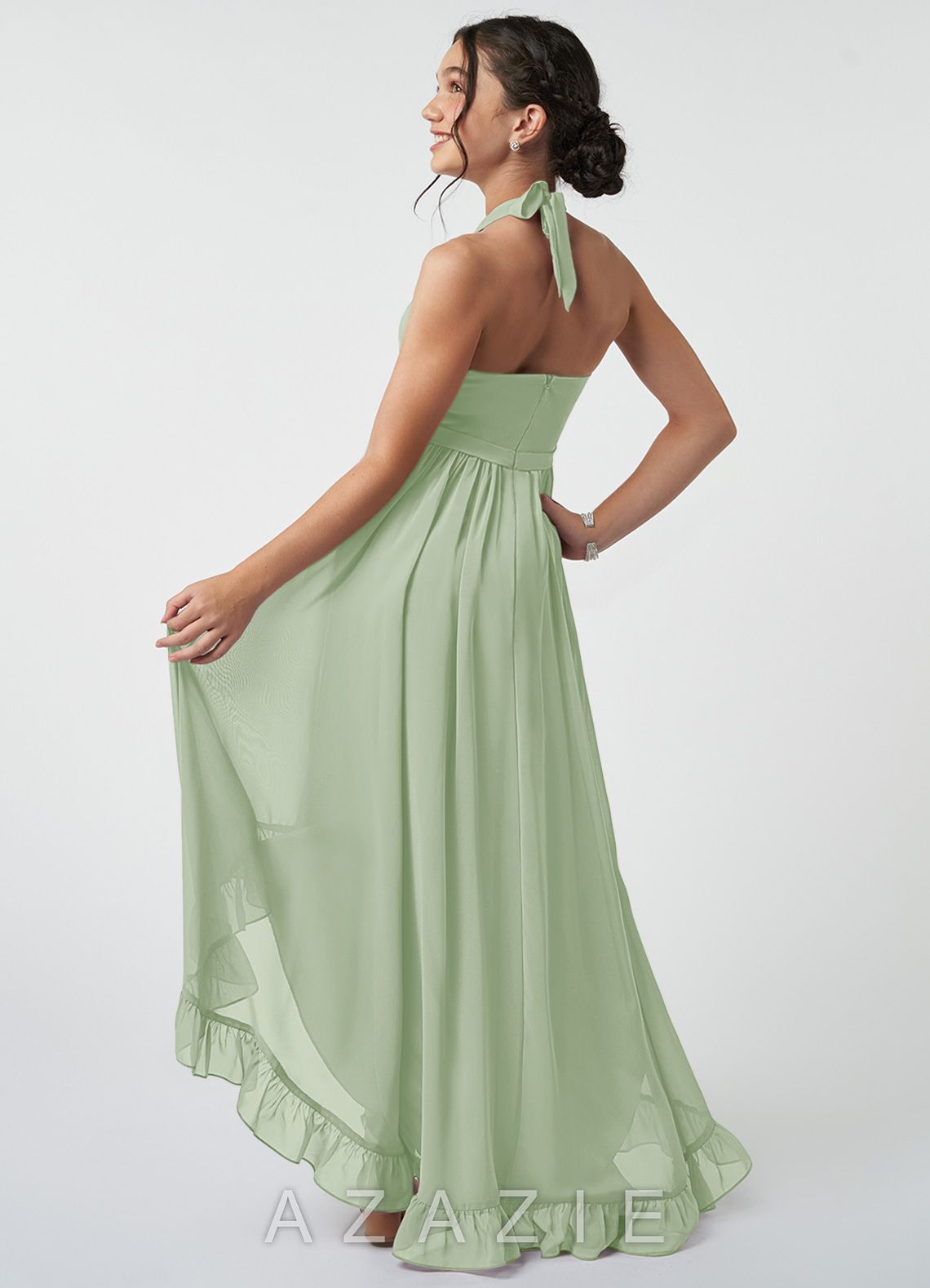Azazie Hermione Junior Dusty Sage A-Line Chiffon Dress dusty_sage