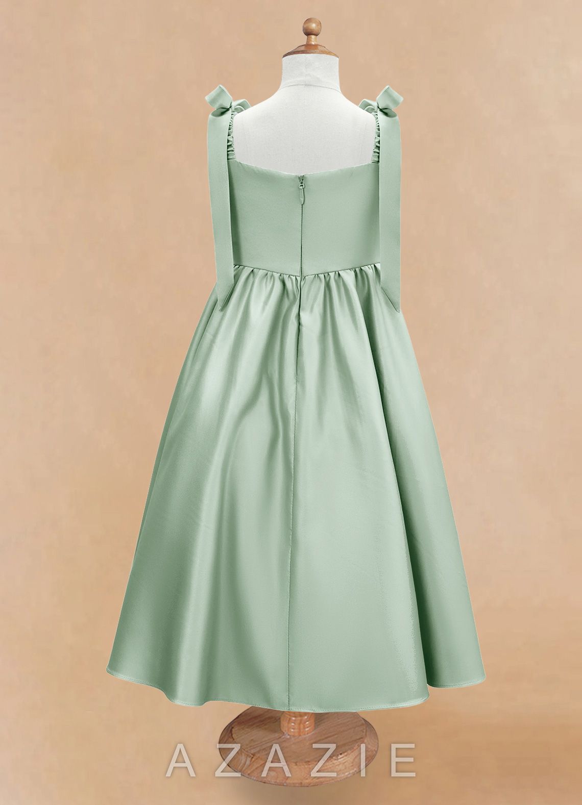Azazie Chelsie Agave A-Line Bow Matte Satin Dress agave