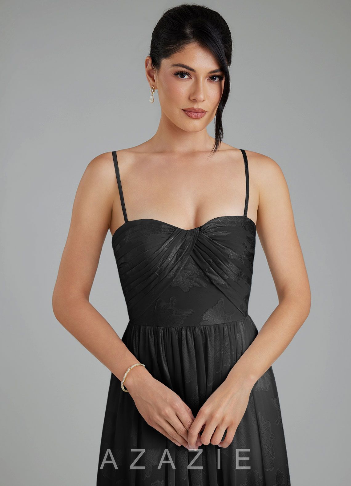 Azazie Helena Black A-Line Strapless Floral Jacquard Burnout Convertible Dress black