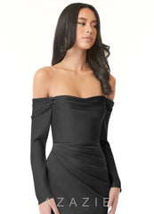 Azazie Hallie Black Mermaid Off-The-Shoulder Long Sleeve Stretch Satin Convertible Dress