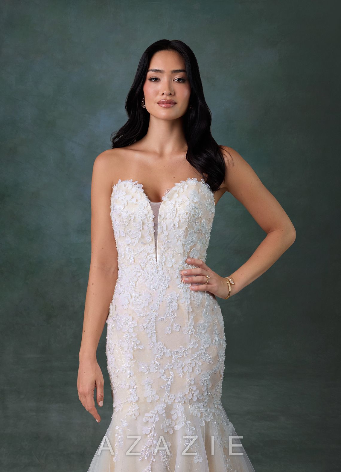 Azazie Chelley Diamond White Champagne Mermaid Strapless Tulle Dress diamond_white/champagne