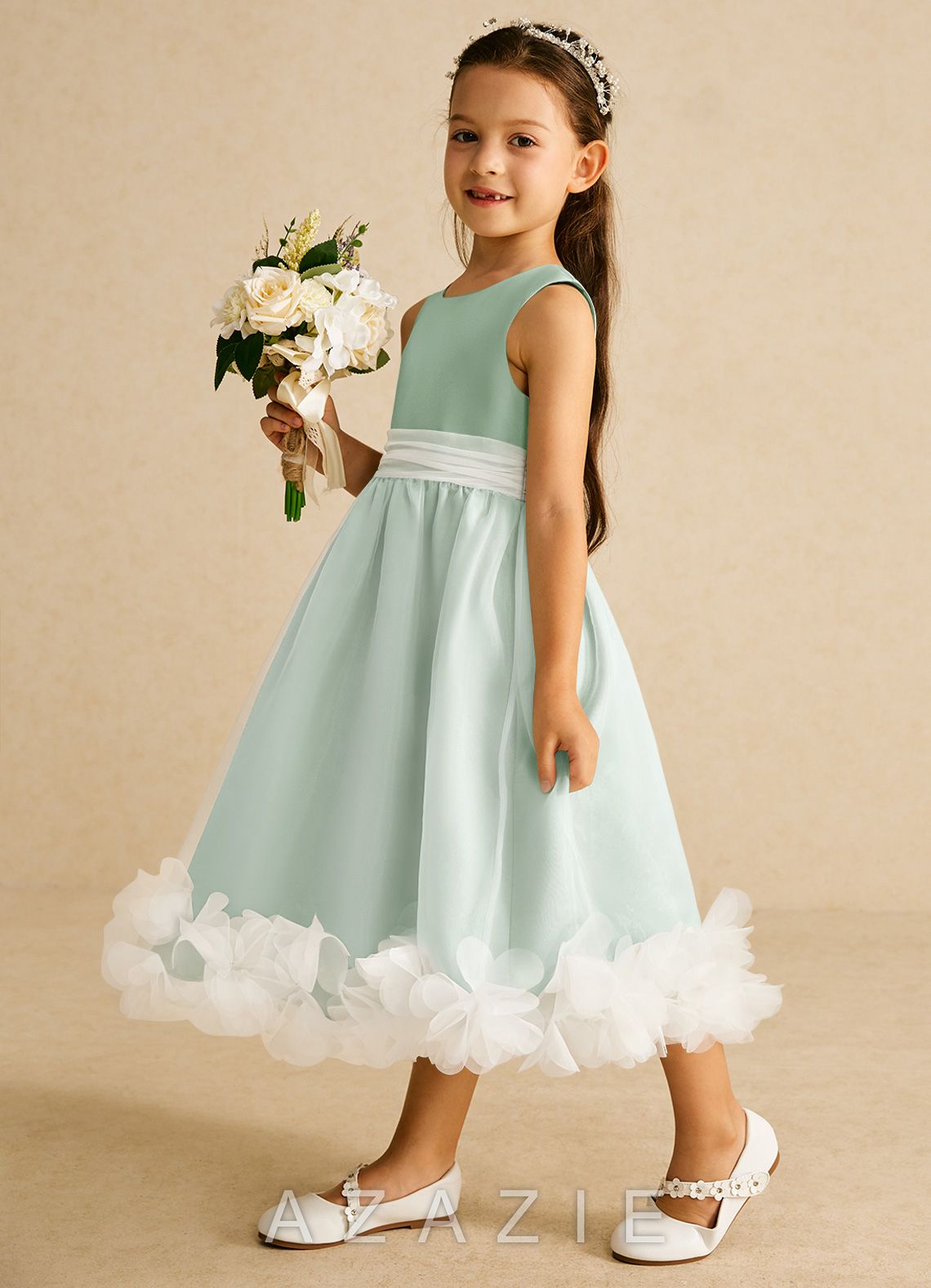 Azazie Stardust Agave A-Line Sleeveless Organza Dress agave