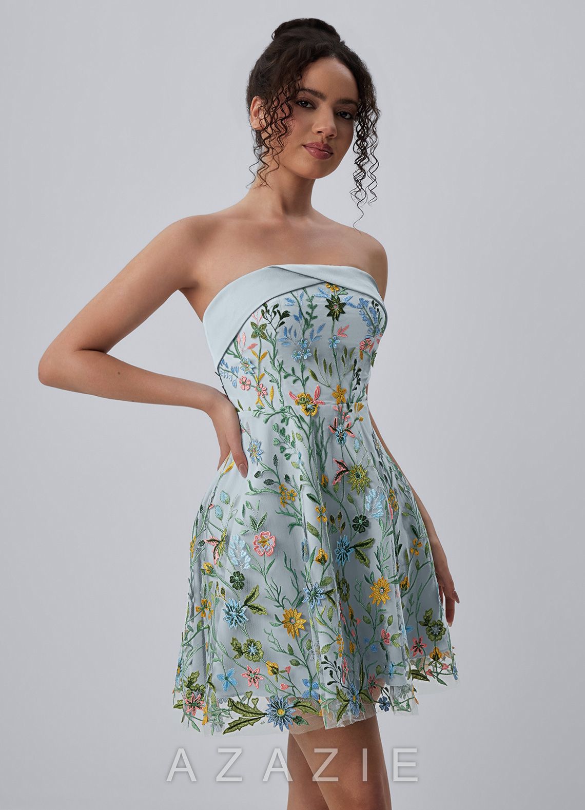 Margaux Sky Blue Strapless Floral Embroidery Lace-Up Skater Mini Dress