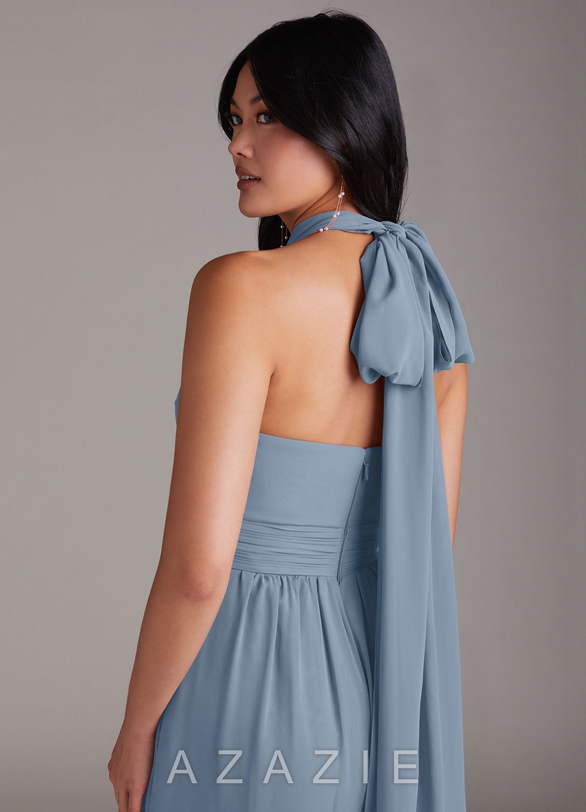 Azazie Lamara Dusty Blue Off the Shoulder Chiffon Convertible Jumpsuit dusty_blue