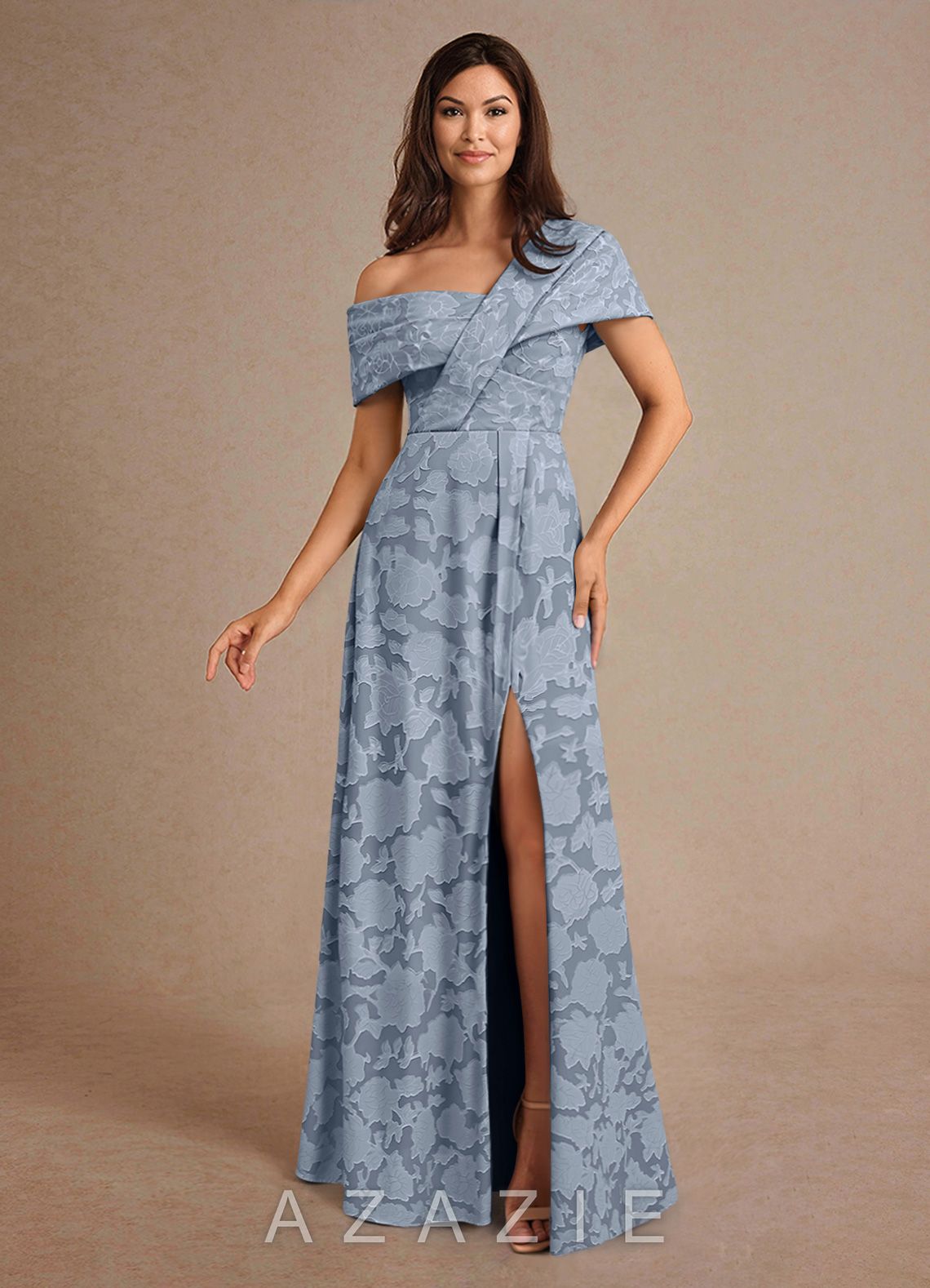 Azazie Milton Dusty Blue A-Line Pleated Floral Burnout Dress