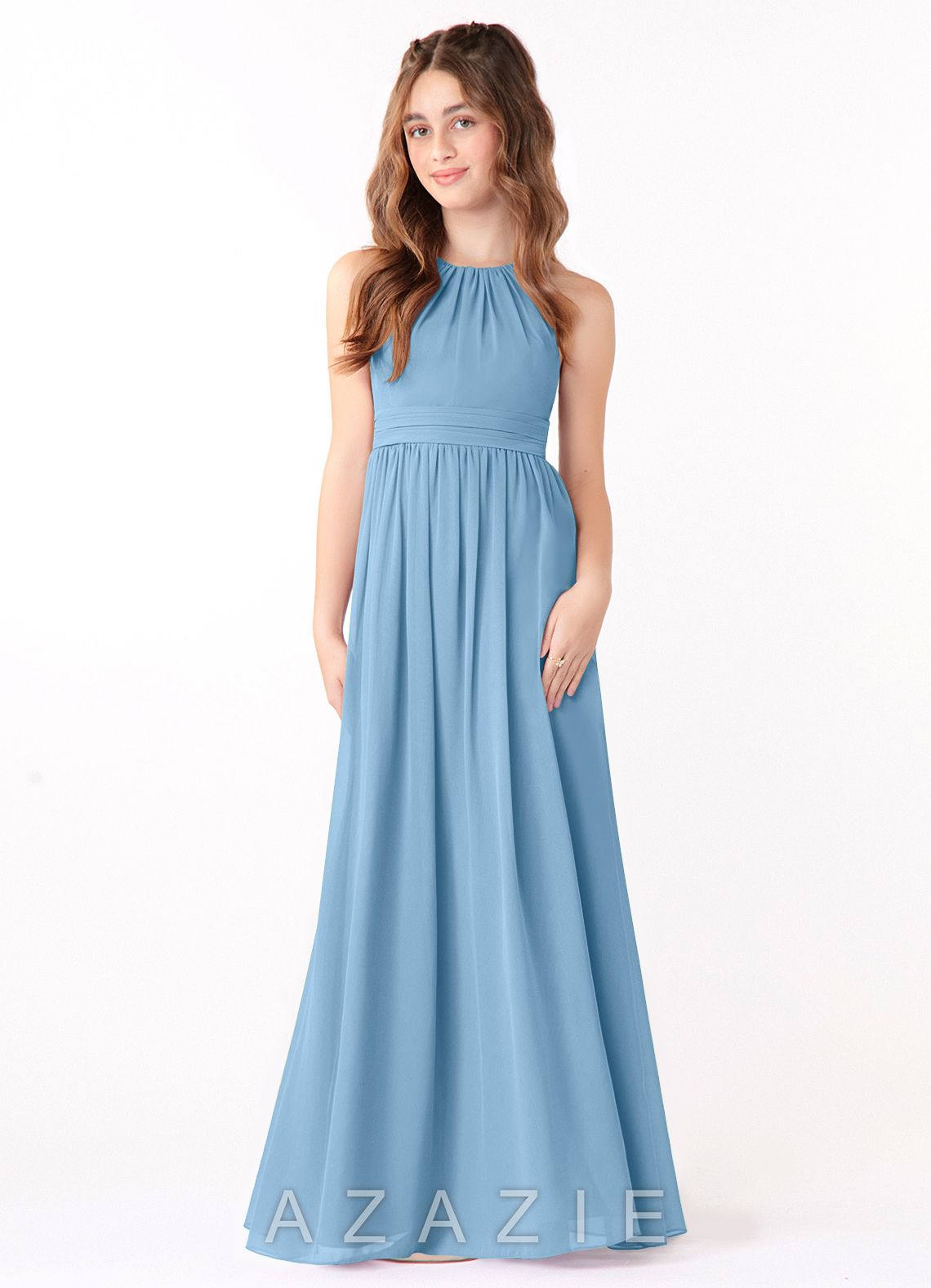 Azazie Jaylah Junior Steel Blue A-Line Ruched Chiffon Dress steel_blue