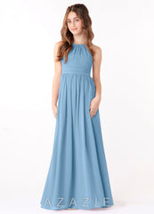 Azazie Jaylah Junior Steel Blue A-Line Ruched Chiffon Dress steel_blue