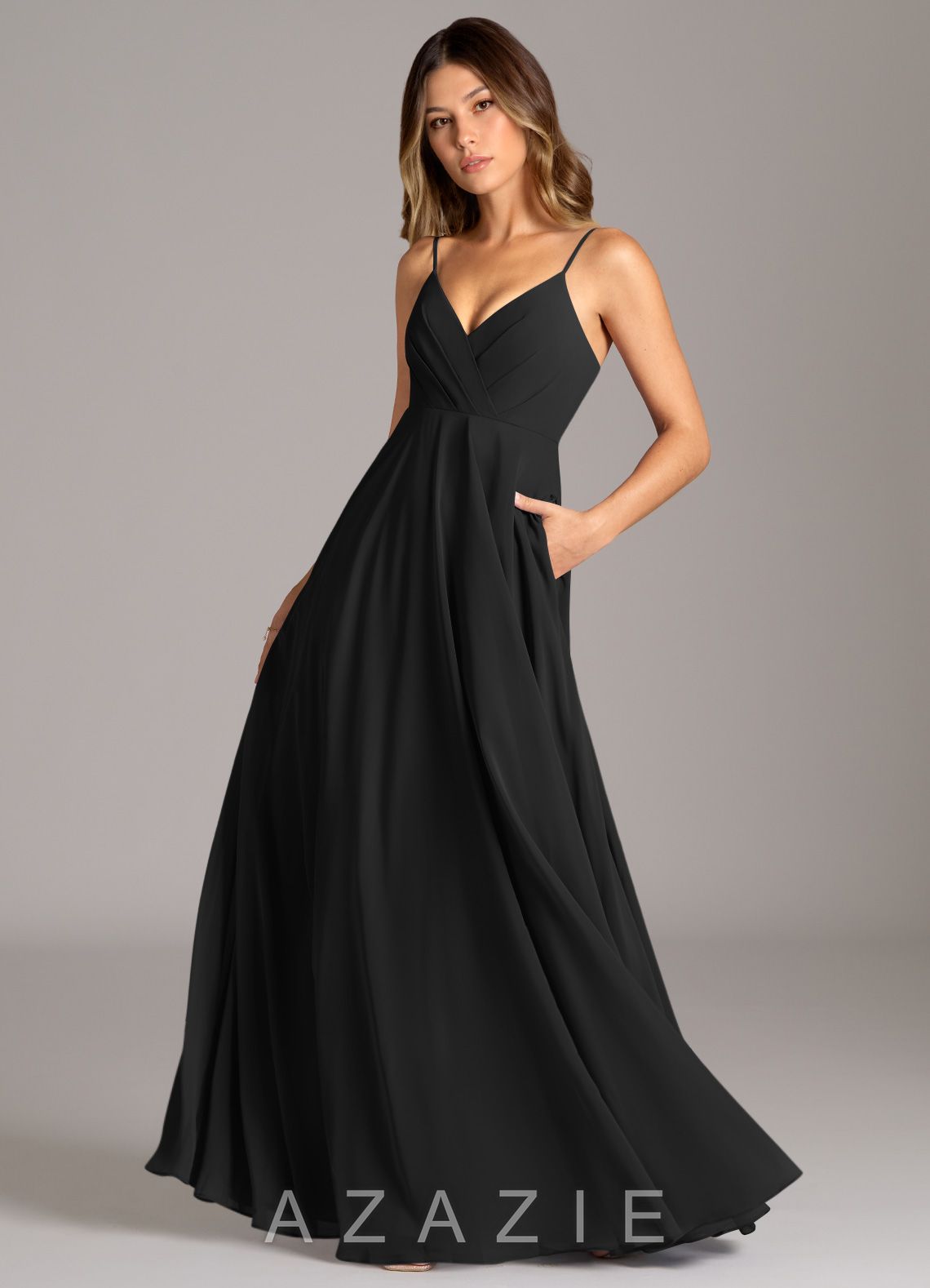 Azazie Amani Black A-Line Pleated Chiffon Dress