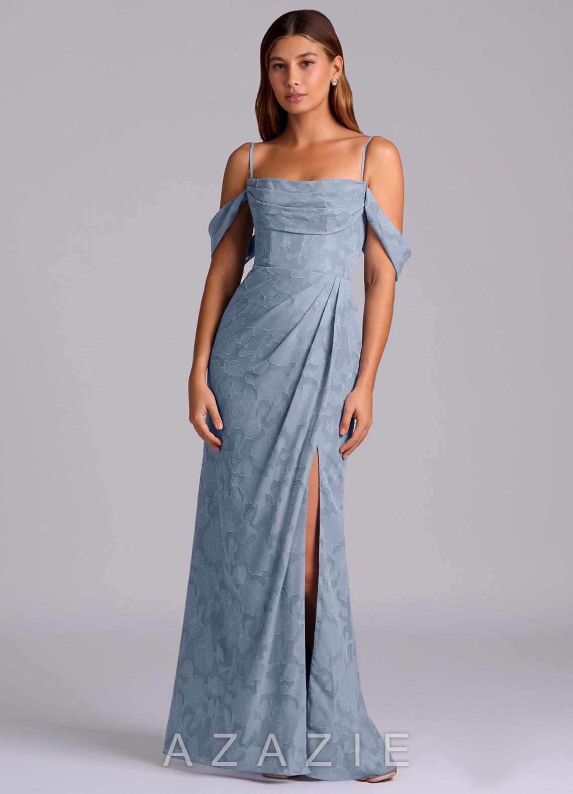 Azazie Johana Dusty Blue Mermaid Off the Shoulder Floral Burnout Convertible Dress dusty_blue