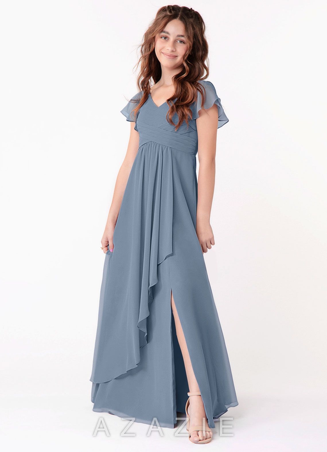 Azazie Omari Junior Dusty Blue A-Line Ruched Chiffon Dress
