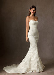 Azazie Serephina Antique White Mermaid Strapless Floral Jacquard Dress antique_white