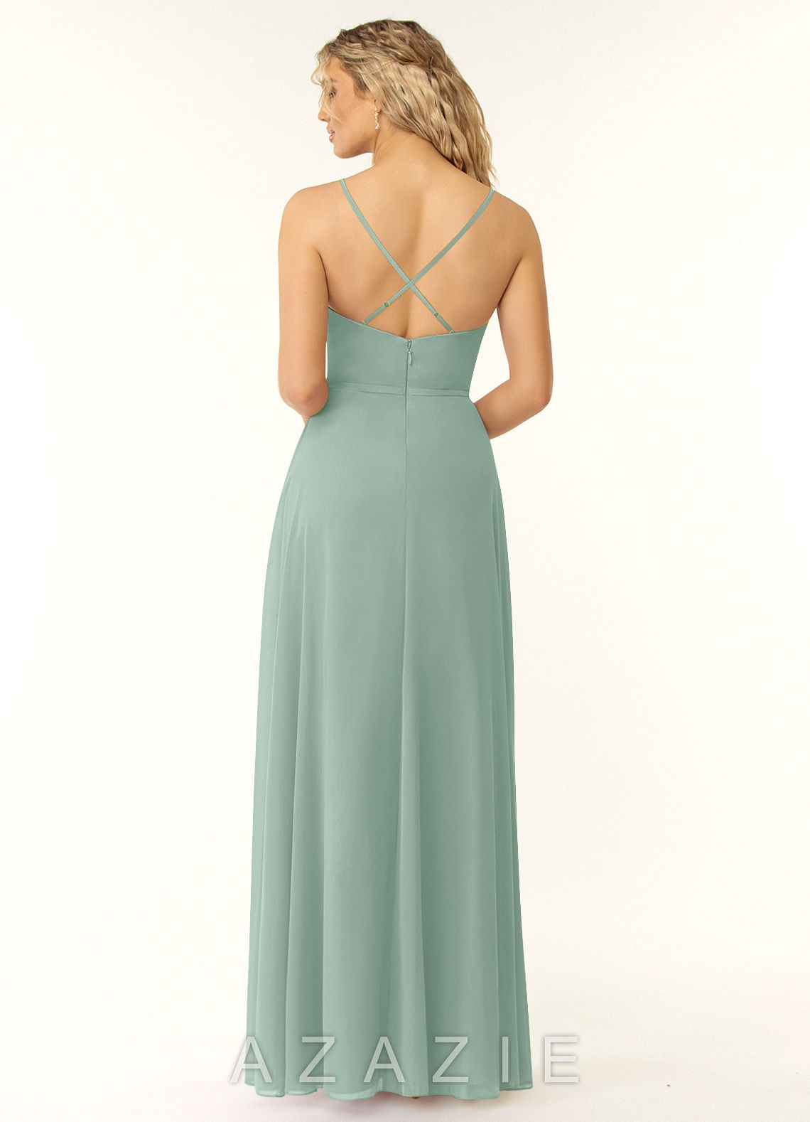 Azazie Naeem Agave A-Line V-Neck Ruffle Chiffon Dress agave