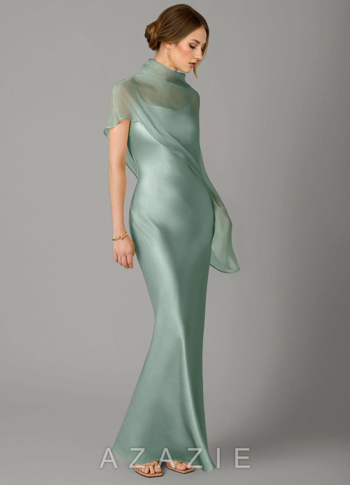 Azazie Jaleesa Agave Sheath High Neck Stretch Satin Dress agave