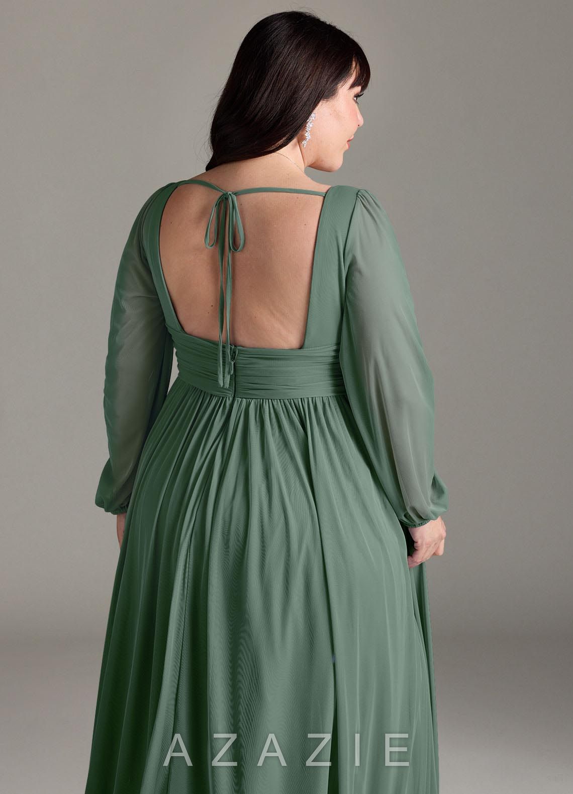 Azazie Norah Eucalyptus A-Line V-Neck Long Sleeve Chiffon Dress eucalyptus