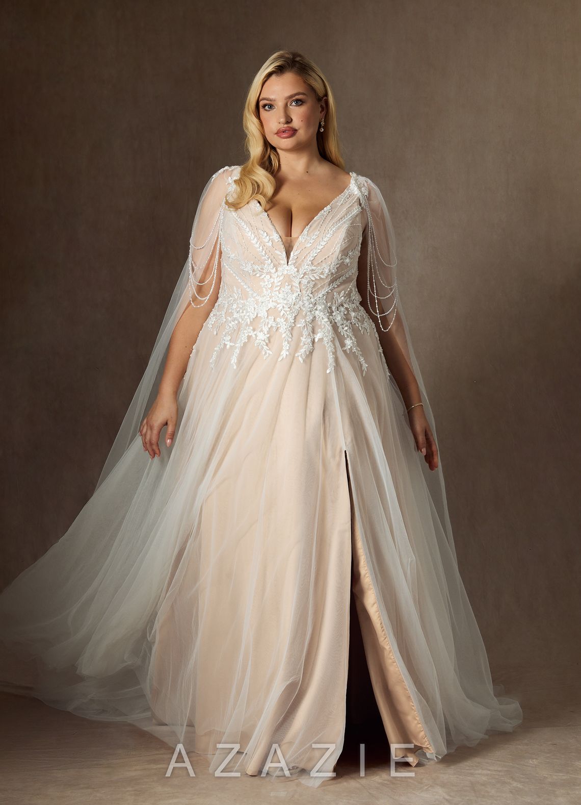 Azazie Goddess Wedding Dress Diamond White Champagne A-Line V-Neck Sequins Tulle Dress diamond_white/champagne
