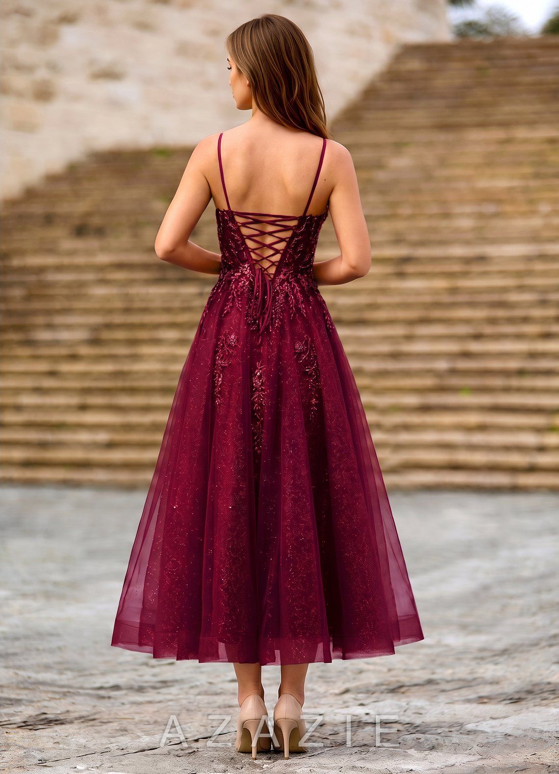 Clementinia Burgundy Sequin Embroidery Lace Beading Tulle Corset Maxi Dress