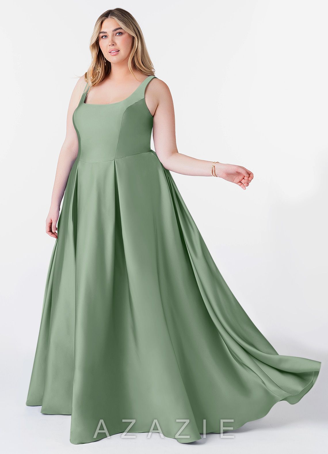 Azazie Neve Matcha Ball-Gown with Pockets Stretch Satin Dress matcha