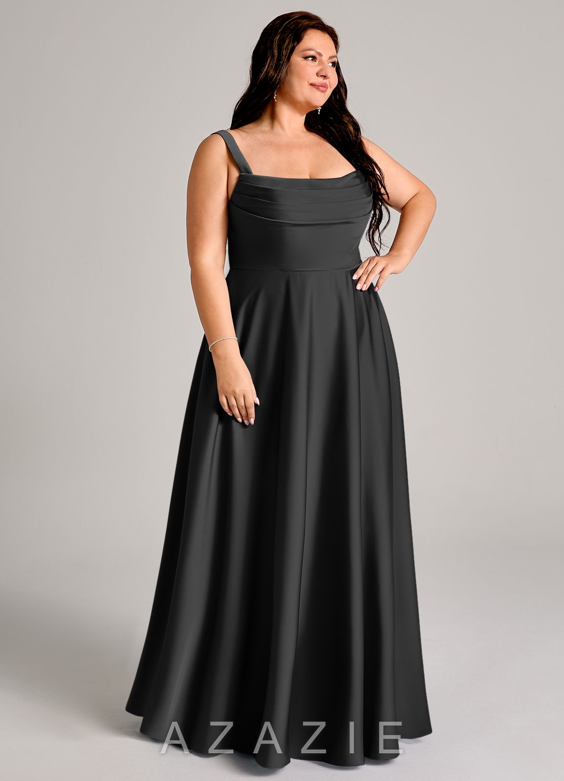 Azazie Shaude Black A-Line Pleated Stretch Satin Dress black
