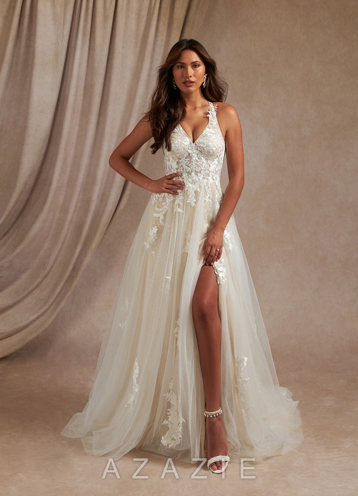 Azazie Dysis Wedding Dress Diamond White Champagne A-Line Halter Sequins Tulle Dress diamond_white/champagne