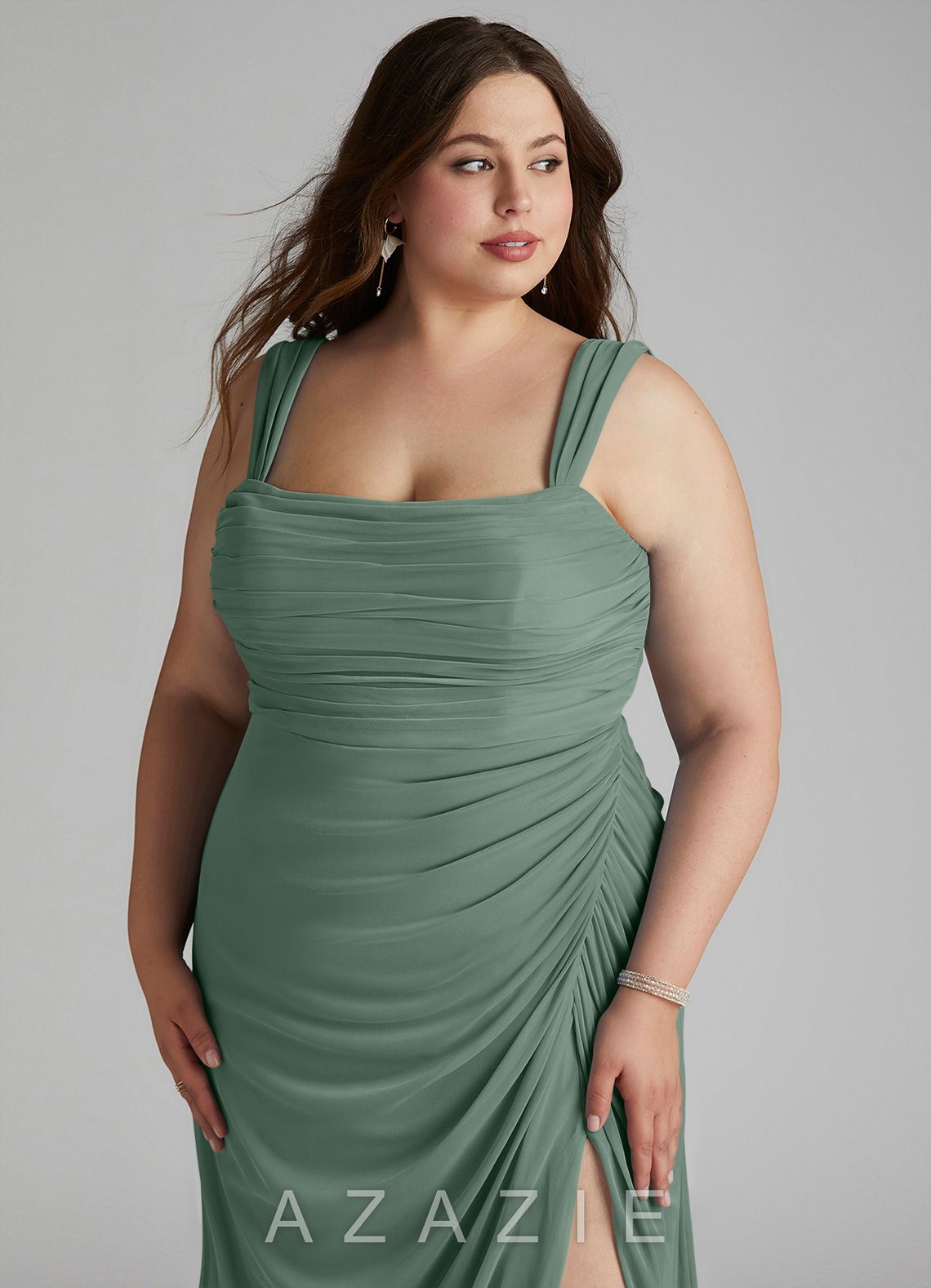 Azazie Jesaphine Eucalyptus Sheath Ruched Mesh Dress eucalyptus
