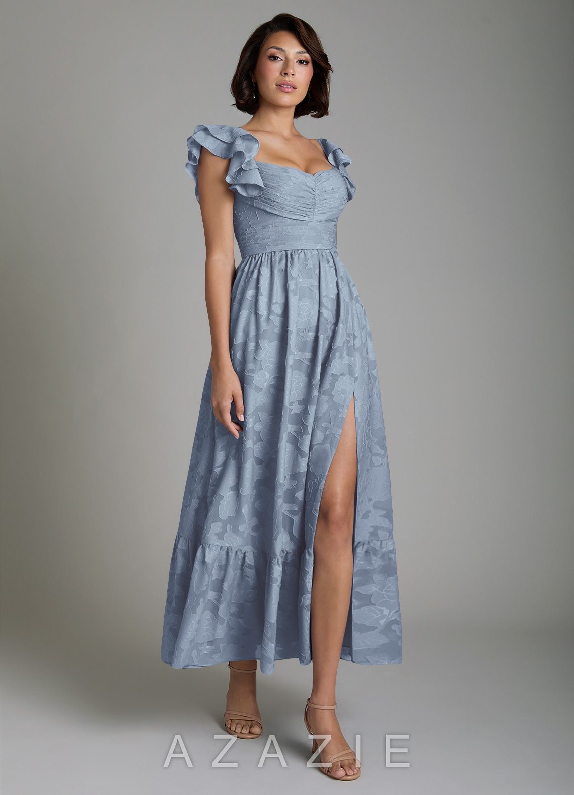 Azazie Anaya Dusty Blue A-Line Ruched Floral Burnout Dress dusty_blue