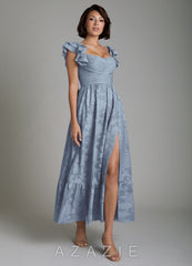Azazie Anaya Dusty Blue A-Line Ruched Floral Burnout Dress dusty_blue