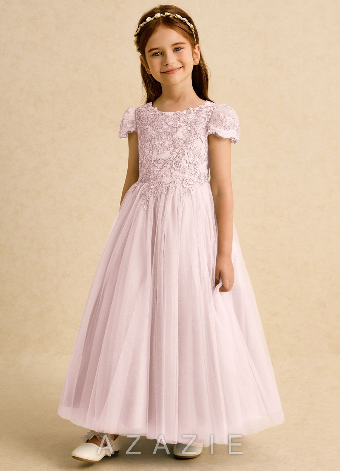 Azazie Puff Blushing Pink Ball-Gown Lace Tulle Dress blushing_pink