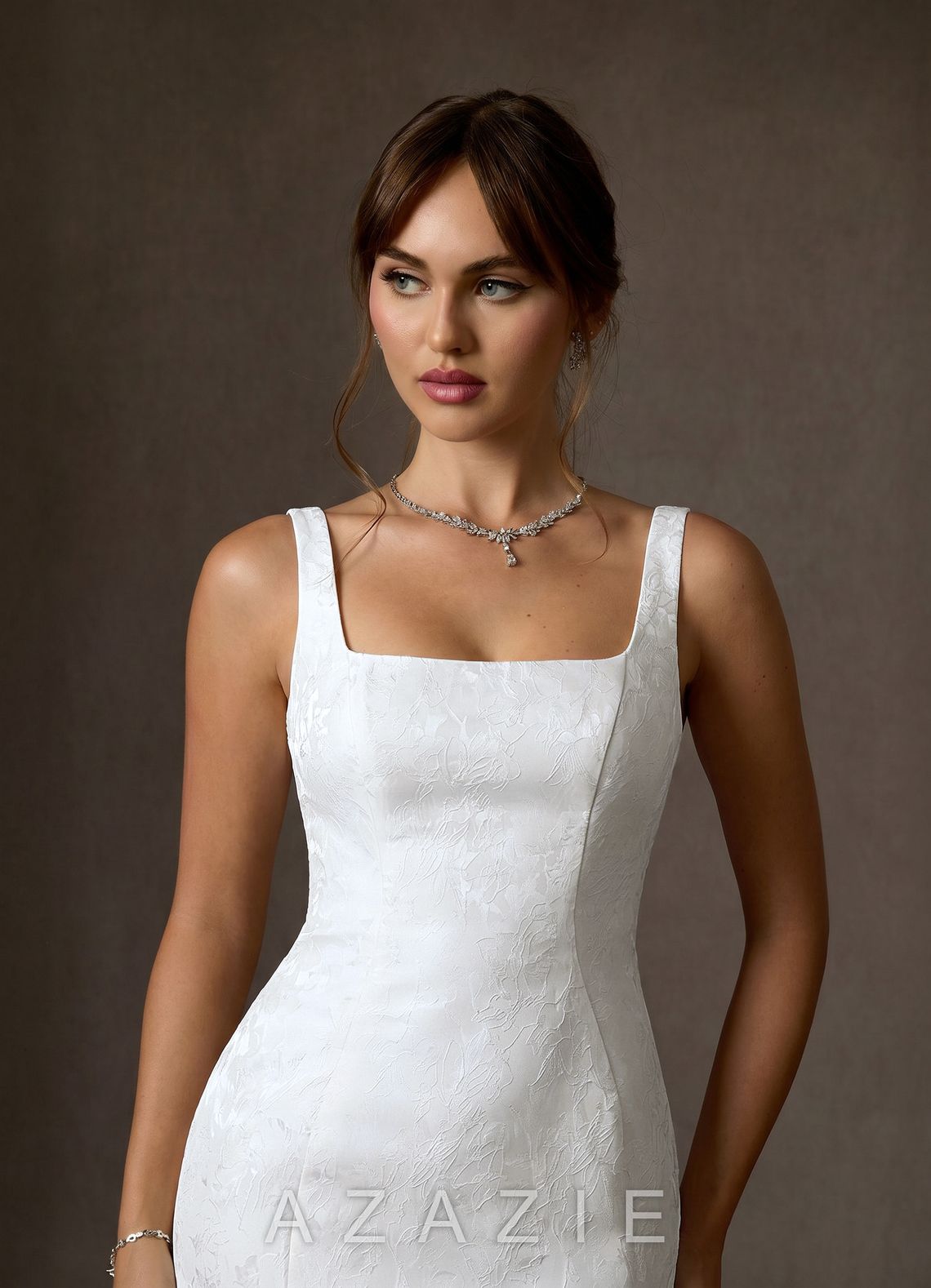 Azazie Quinn Diamond White Mermaid Square Neckline Floral Jacquard Dress diamond_white