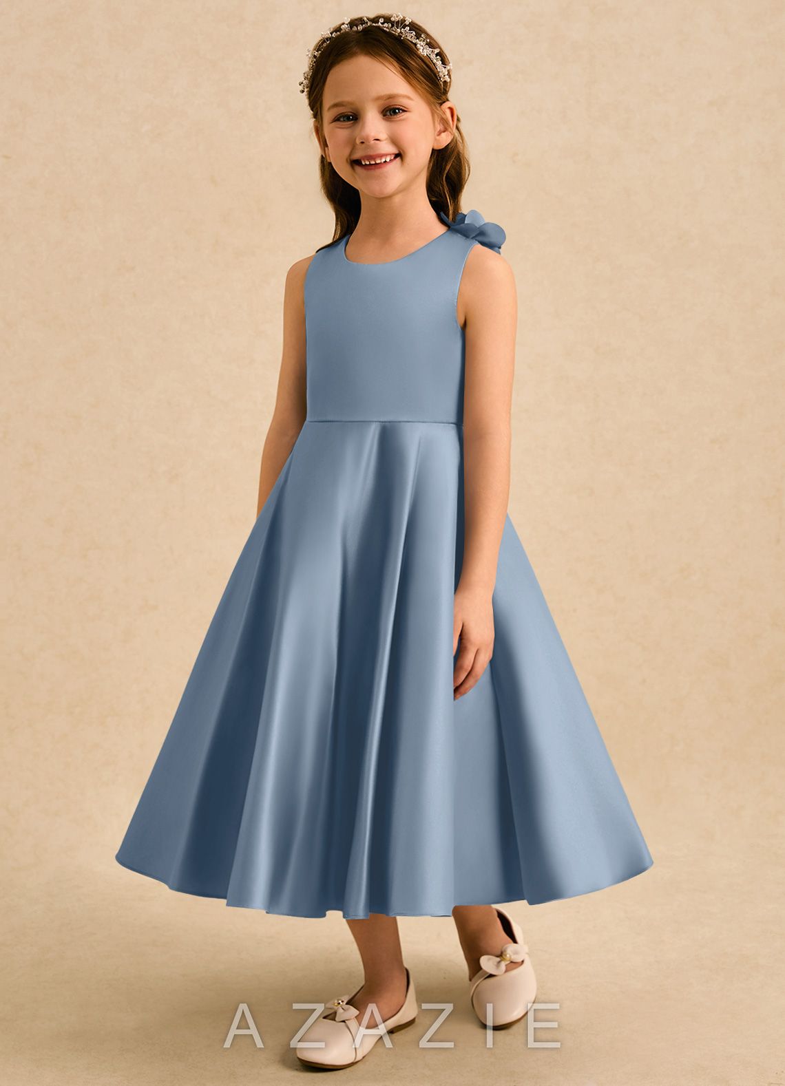 Azazie Kay Dusty Blue A-Line Pleated Matte Satin Dress dusty_blue
