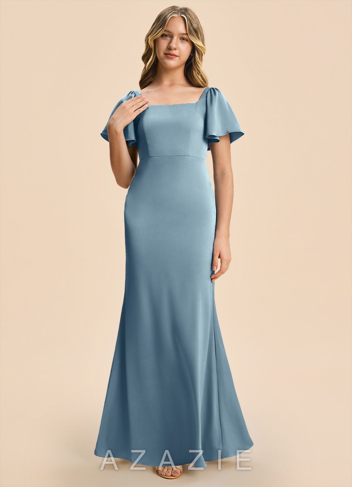 Azazie Chace Junior Dusty Blue Sheath Stretch Satin Dress dusty_blue