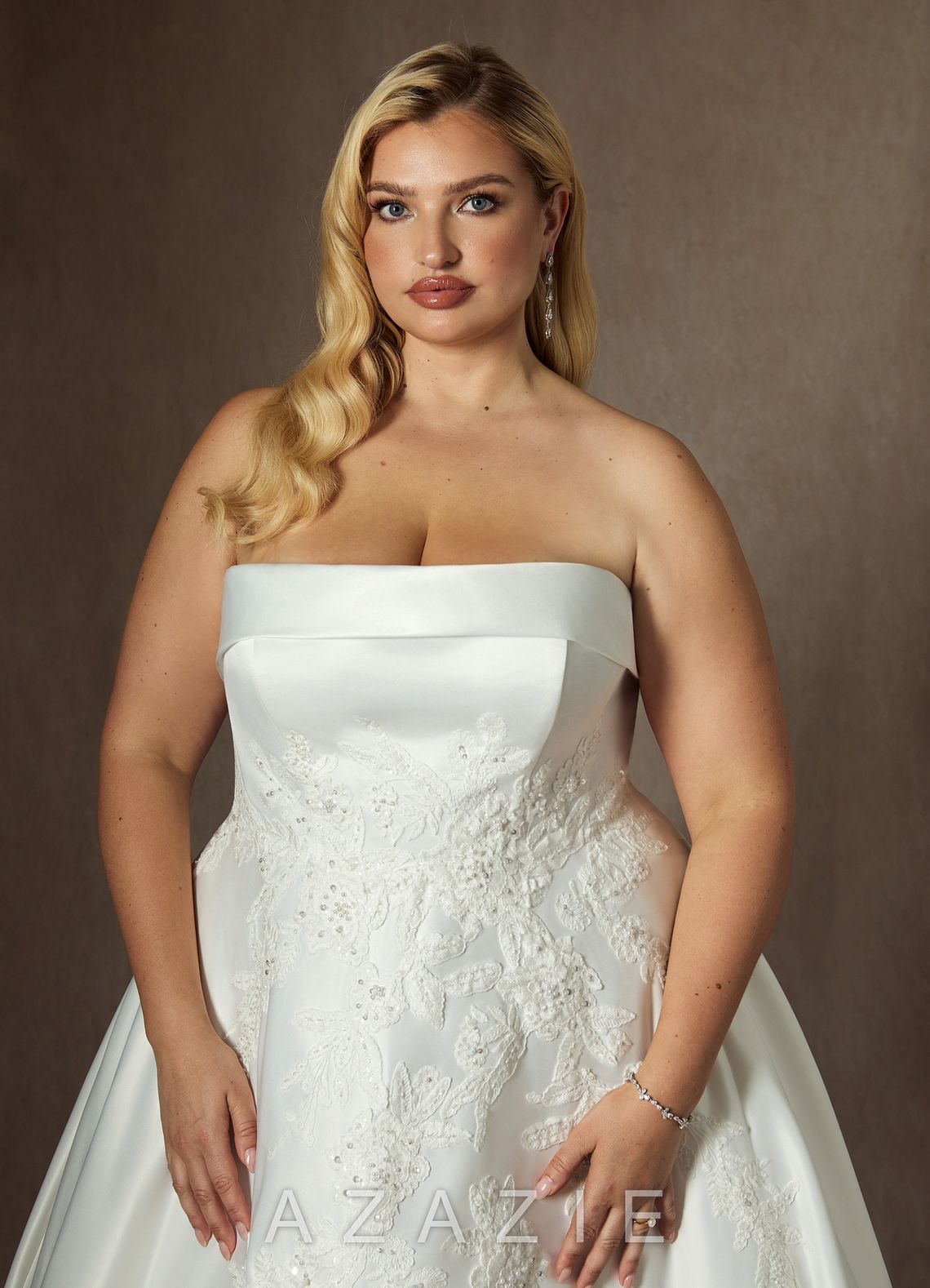 Azazie Fernanda Diamond White Ball-Gown Strapless Satin Dress diamond_white